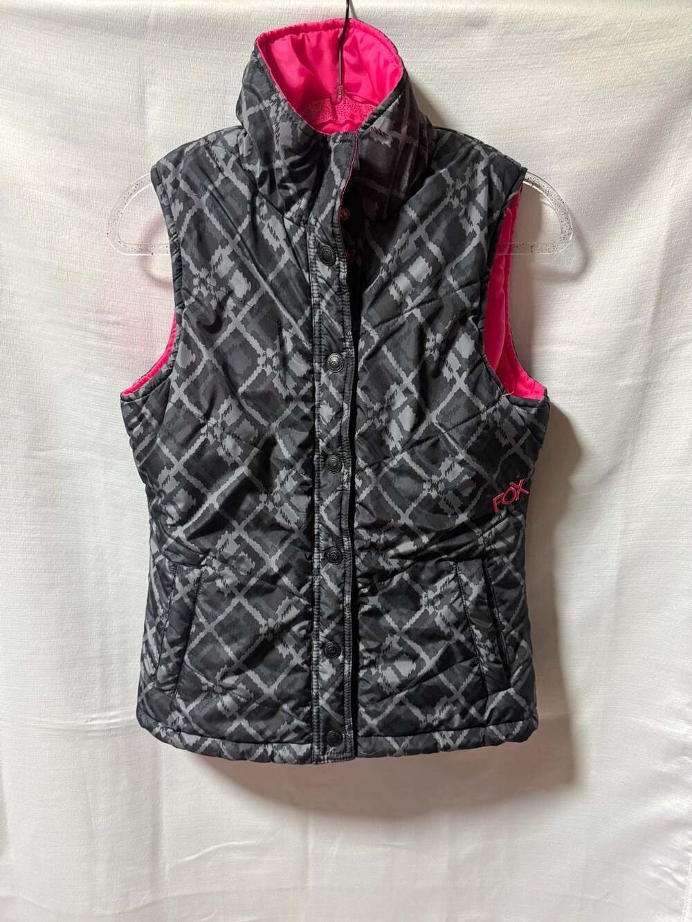 Fox Riders Company Women's Reversible Puffer Vest, Pink and Gray Pattern